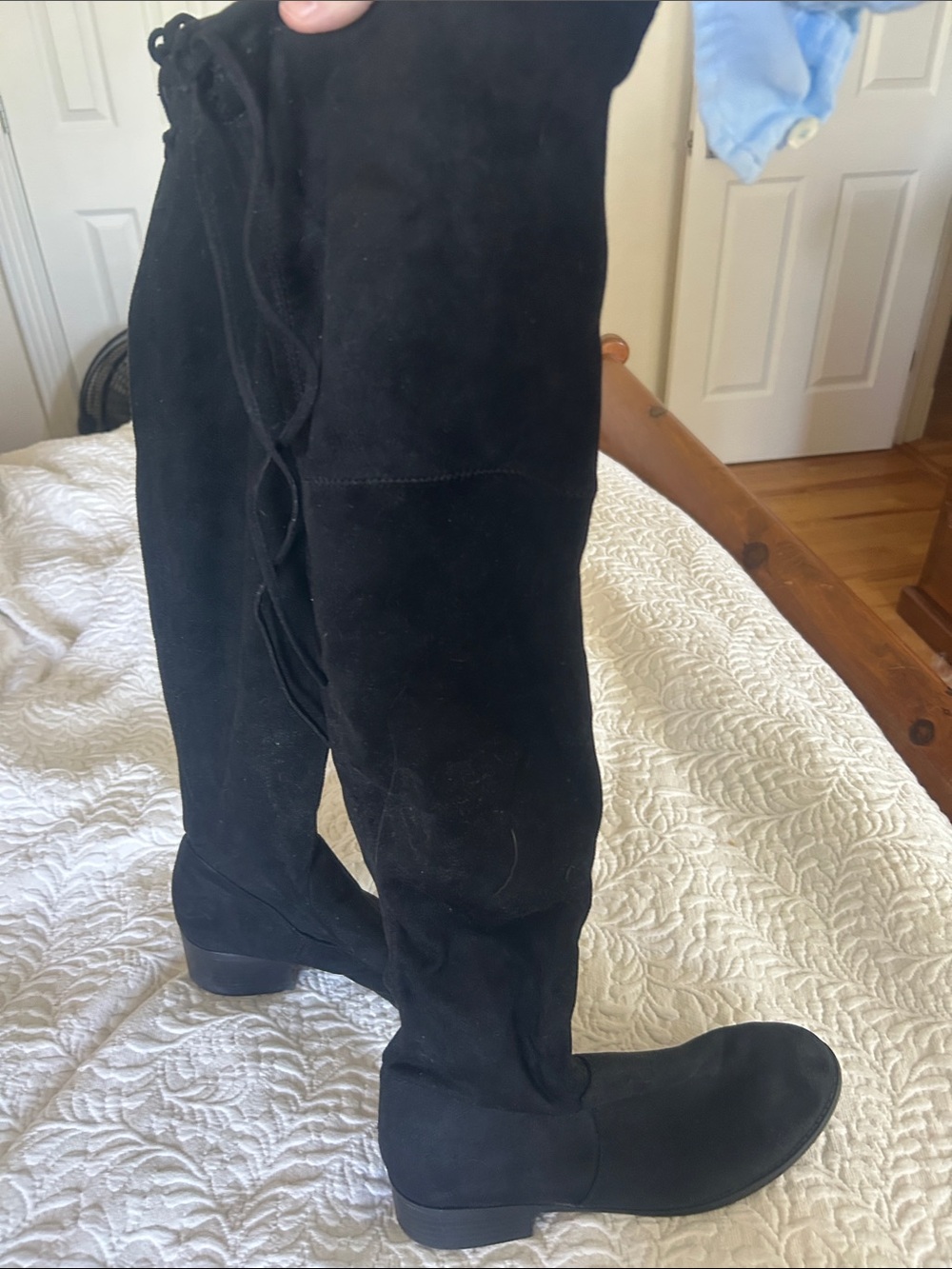 Zara Black faux suede pull on Boots with lace detail and lower heel